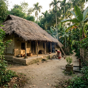 Traditional house with a thatched roof in a lush tropical garden with tall palm trees