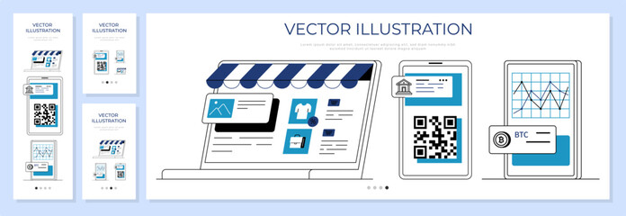 Plakat Laptop and smartphone screens displaying online store interfaces and QR code payment systems for website landing page banners. Digital commerce, retail technology, mobile banking, finance, marketing