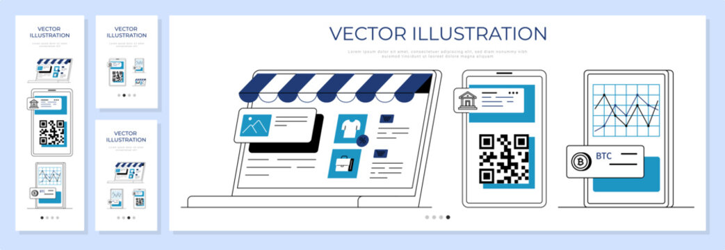 Laptop and smartphone screens displaying online store interfaces and QR code payment systems for website landing page banners. Digital commerce, retail technology, mobile banking, finance, marketing