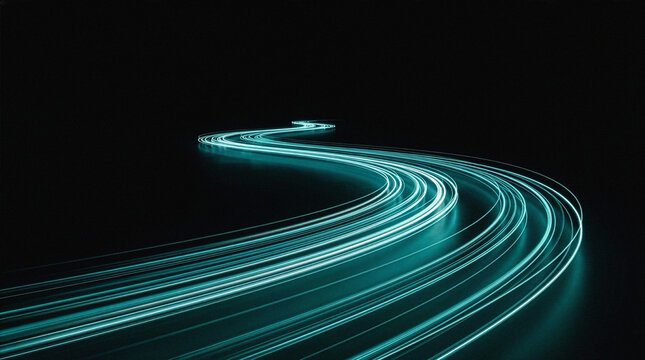 Teal light trails flow dynamically on a dark reflective surface