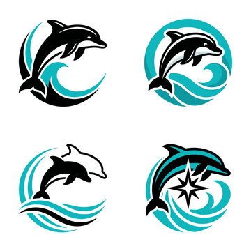 Set of dolphin logos and icons with ocean waves and nautical elements.