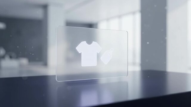 Transparent glass display plaque showing shirt apparel and retail price tag icons on table