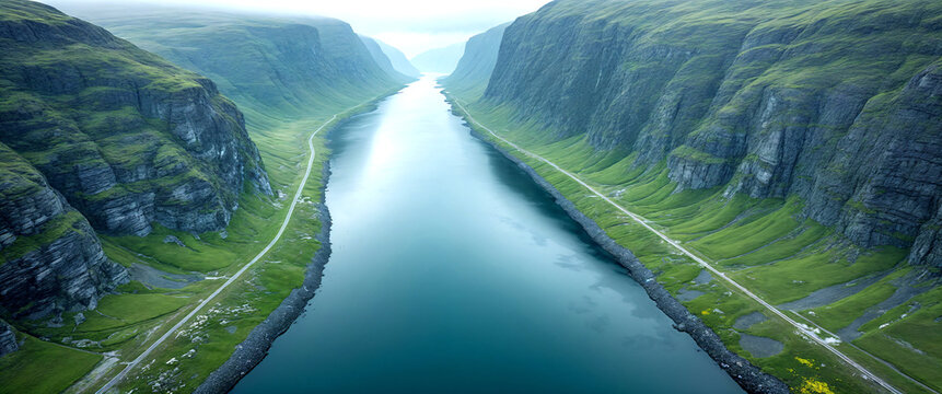 Aerial view of a calm river flowing between two massive steep green mountains covered in grass with narrow paths along the rocky shorelines