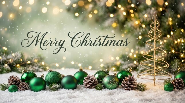 Merry christmas greeting text with green baubles and golden fir decoration on snow