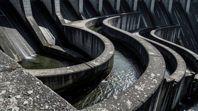 Gray concrete dam structure with curved water channels. Water flows through industrial hydro engineering system. Large cement weir with mossy surface, textured walls. Massive engineering construction