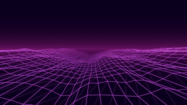 Flying over a low poly wireframe terrain of neon purple mountains toward a glowing horizon, digital landscape background, seamless loop