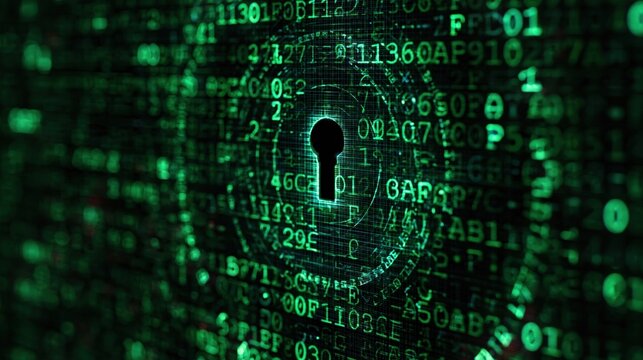 A green and black digital lock with a keyhole in the center, surrounded by a matrix of binary code and numbers.