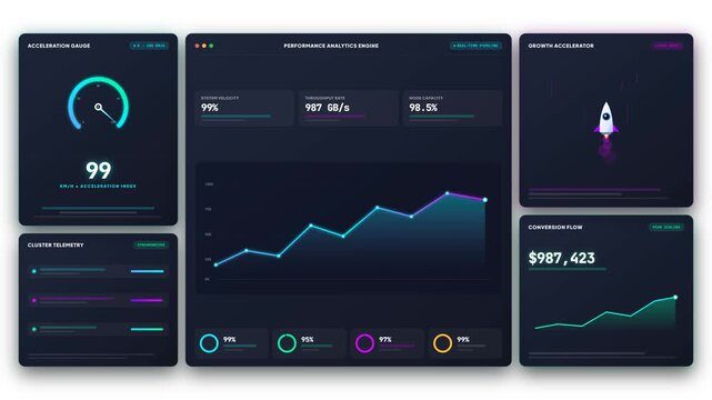 Dashboard animation speedometer gauge with dedicated bottom readout, sharp linear segmented analytics chart drawing.