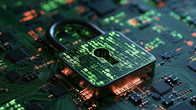A padlock with binary code on a circuit board, set against a green and black background.