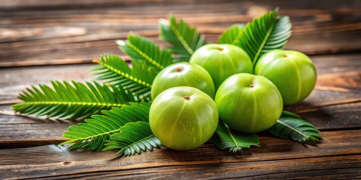 Fresh amla fruit with leaves on a wooden background, showcasing its vibrant green color and juicy pulp, tropical, healthy