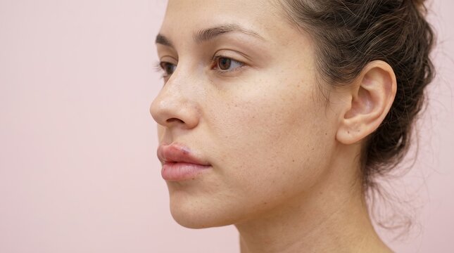 Profile portrait of a young woman with natural skin texture and freckles
