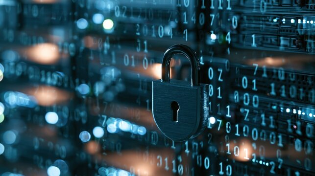 A padlock with a keyhole on a digital background with binary code and light spots.