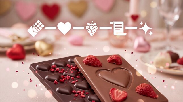 Valentine's Day Milk and dark chocolate bars with heart shapes and strawberries on a decorated table setting with indentations sliced strawberries