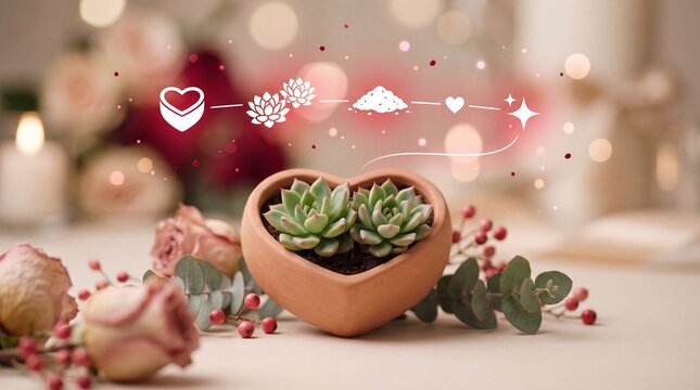 Valentine's Day Heart shaped succulent pot with roses and eucalyptus arranged on a table with digital icons with eucalyptus leaves floating