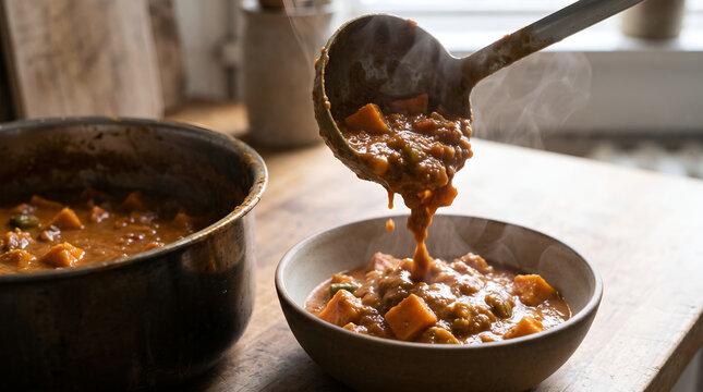 Maf&eacute; peanut stew poured from a ladle into a serving bowl, suitable for recipe tutorials, cooking publications, restaurant preparation stories, and commercial food content.