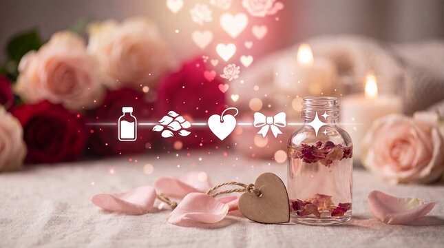 Valentine's Day Rose petal essential oil in glass bottle with wooden heart and fresh flowers on table with heart ornament surrounded