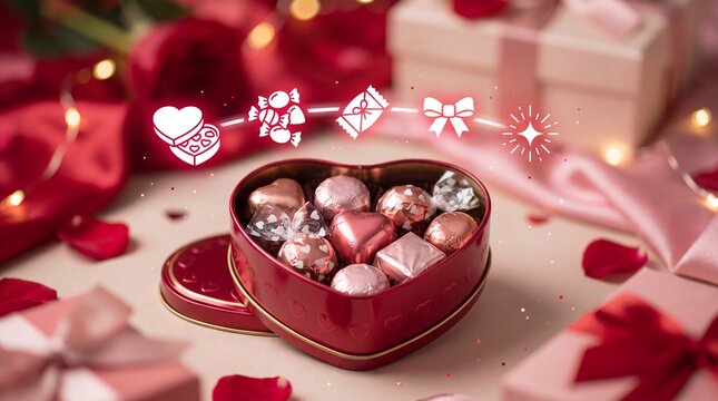 Valentine's Day Heart shaped tin filled with assorted foil wrapped chocolates surrounded by gift boxes with container holds assorted
