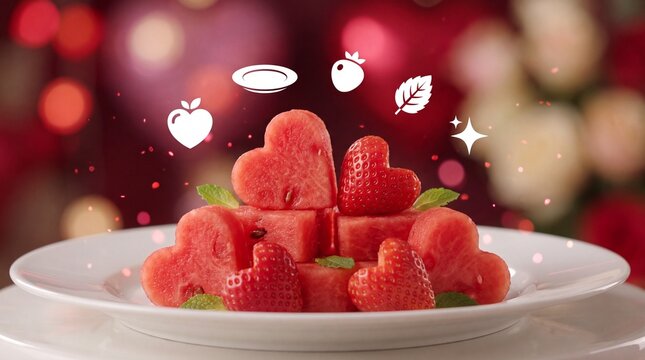Valentine's Day Heart shaped watermelon and strawberry pieces arranged on a white plate with floating icons with background floating digital