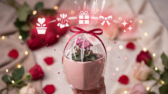 Valentine's Day Cyclamen plant in a heart shaped pot wrapped as a gift with ribbon and icons on a blurred background with wrapped clear cellophane