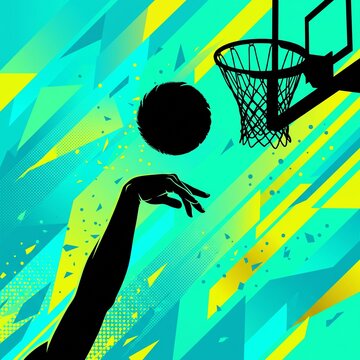 Basketball shot silhouette on teal and yellow geometric background, black silhouette of a hand releasing a ball toward the hoop