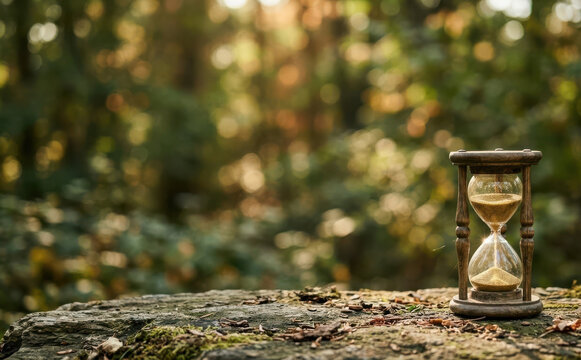 An antique wooden hourglass resting on a mossy rock in a tranquil autumn forest representing time passing