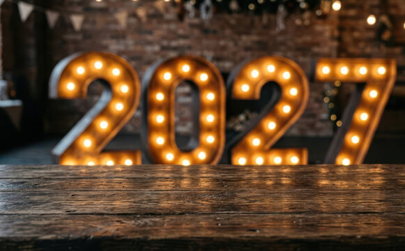 Rustic wooden table top with glowing 2027 marquee numbers background for New Year celebration design