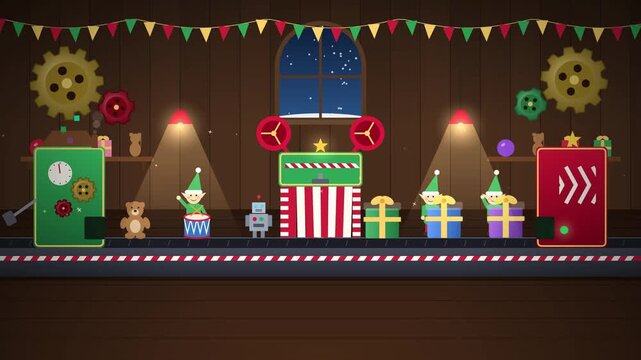 Flat design 2D animation of Santa's workshop with cute elves working on a toy factory conveyor belt during Christmas representing holiday magic