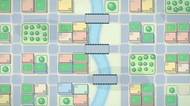 Animated city planning with river roads houses trees and traffic simulation