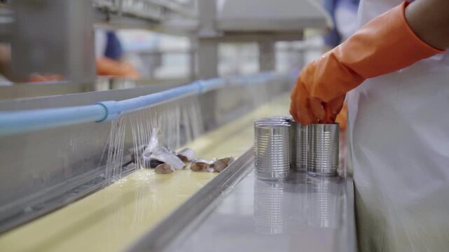 Seafood factory worker packing fish into cans along conveyor belt line