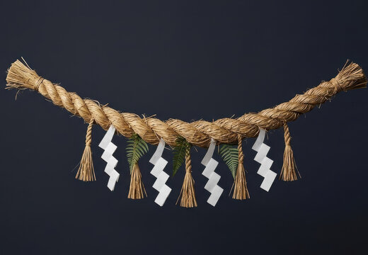 Traditional Japanese Shimenawa sacred straw rope with white shide paper streamers used in Shinto purification rituals