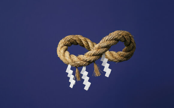 Shimekazari rope in infinity shape with shide paper streamers on blue background