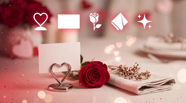 Valentine's Day Blank place card in a heart shaped holder with a single red rose on a dining table with rests metallic heart