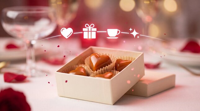 Valentine's Day Heart shaped chocolates in a gift box on a table with red rose petals with petals floating graphic caramel chocolates sit