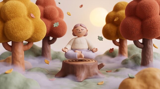 3D character meditating on a stump surrounded by autumn trees   Unposed leisure scenes