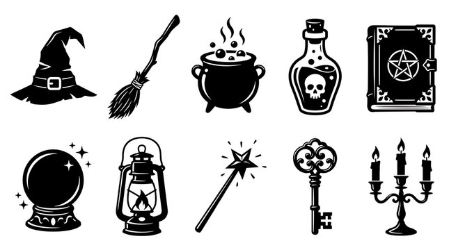 Halloween witchcraft icons set with magic hat broomstick cauldron potion bottle spell book crystal ball lantern wand key and candelabra