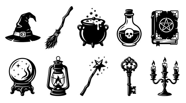 Halloween magic items set vector illustration with witch hat broom cauldron potion spell book crystal ball lantern wand key candelabra