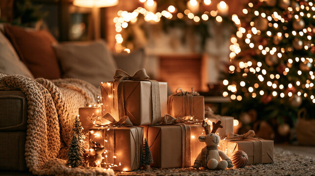Cozy living room with wrapped Christmas gifts and warm twinkling lights by the sofa. Peaceful holiday setting for seasonal celebration concepts.