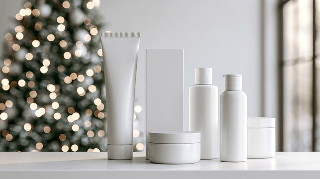 White cosmetic packaging mockup with bottles and jars against a blurry Christmas tree background. Ideal for holiday beauty product presentation and seasonal advertising.