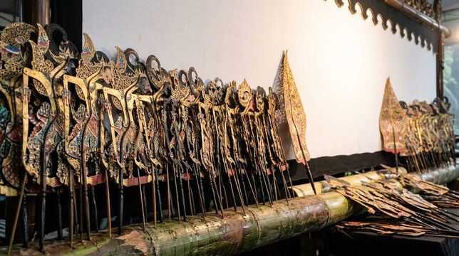 A row of Javanese wayang kulit puppets arranged on a banana stem stage before a performance, carved leather and horn handles
