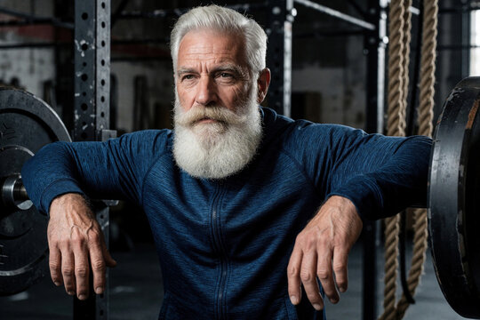 Fit senior man with white beard rests after hard workout in gym. Strong elderly athlete leans on heavy barbell weight plates. Mature male lifter takes break from bodybuilding training at fitness