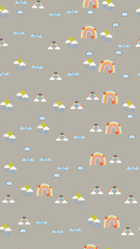 Seamless pattern with rainbows, graduation caps, and clouds