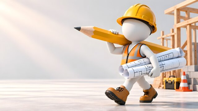 Construction worker carrying giant pencil and architectural blueprints representing building design planning and engineering project