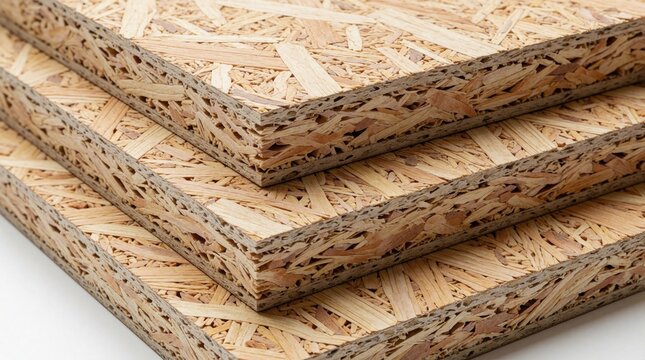 Stack of wood particle board panels shows rough texture. Close up view of chipboard material for construction, furniture manufacture. Raw recycled wood sheets used in interior design, carpentry work