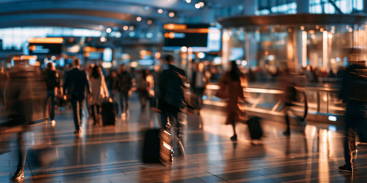 Blurred busy airport terminal with unrecognizable travelers rushing with luggage in soft evening lighting. Travel and business transportation concept.