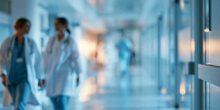 Two doctors walking down a bright hospital corridor with blurred figures in the background. High-quality medical imagery for professional healthcare communication materials.