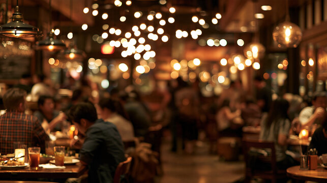 A blurred busy restaurant interior with warm bokeh lights and people enjoying dinner. This scene is ideal for hospitality, dining out, and lifestyle concepts.