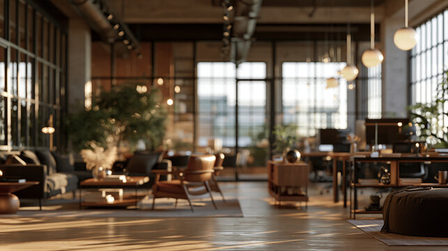 Sunlit modern office interior with wooden furniture and plants in an open space layout. Perfect for professional corporate lifestyle and business design projects.