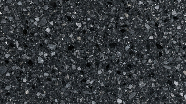 Dark black terrazzo stone texture with contrasting aggregate particles. Modern architectural material background for design projects and interior surface concepts.