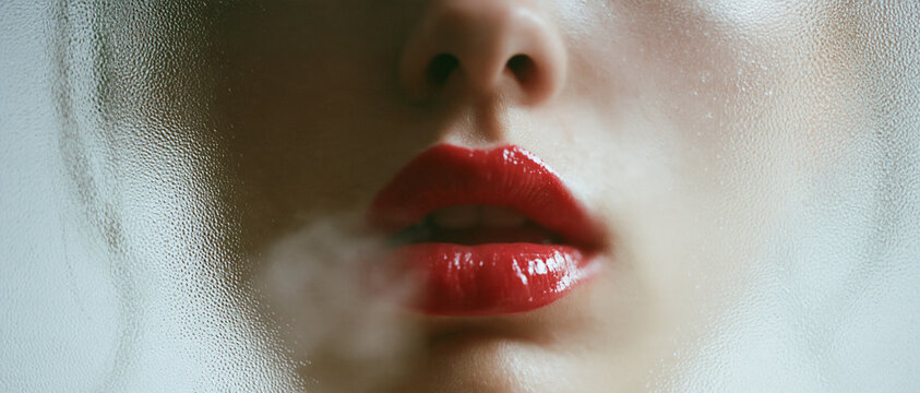 A woman's lips covered in vibrant red lipstick exhale gentle smoke behind a frosted glass surface. Conceptual imagery for beauty, mystery, and skincare advertisements.