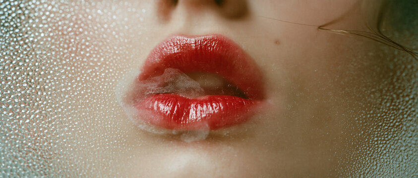 A close-up of feminine lips with glossy red lipstick pressing against glass, showing soft vapor. Captures beauty, sensuality, and modern cosmetic themes.
